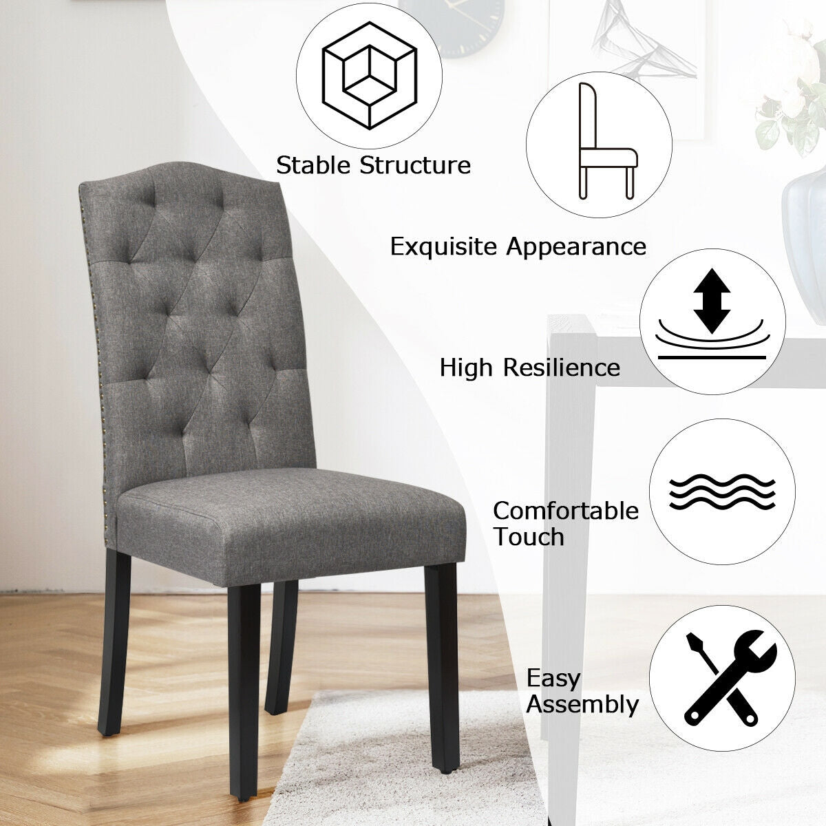 Juego de 2 sillas de comedor tapizadas capitoné - Gris