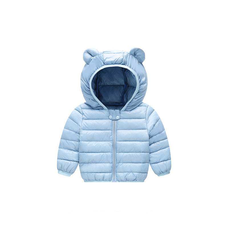 Stevvex baby hooded puffer jacket in light blue with bear-ear hood and front zipper on Tampa Home & Garden Store