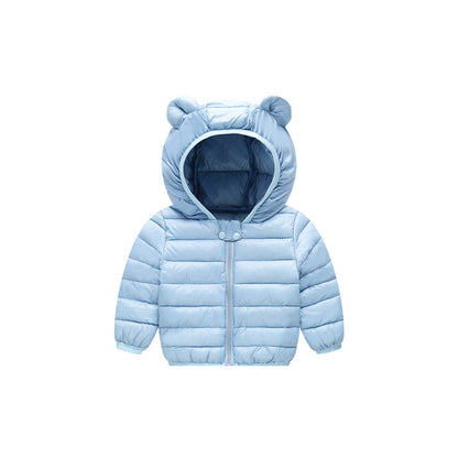 Stevvex baby hooded puffer jacket in light blue with bear-ear hood and front zipper on Tampa Home & Garden Store
