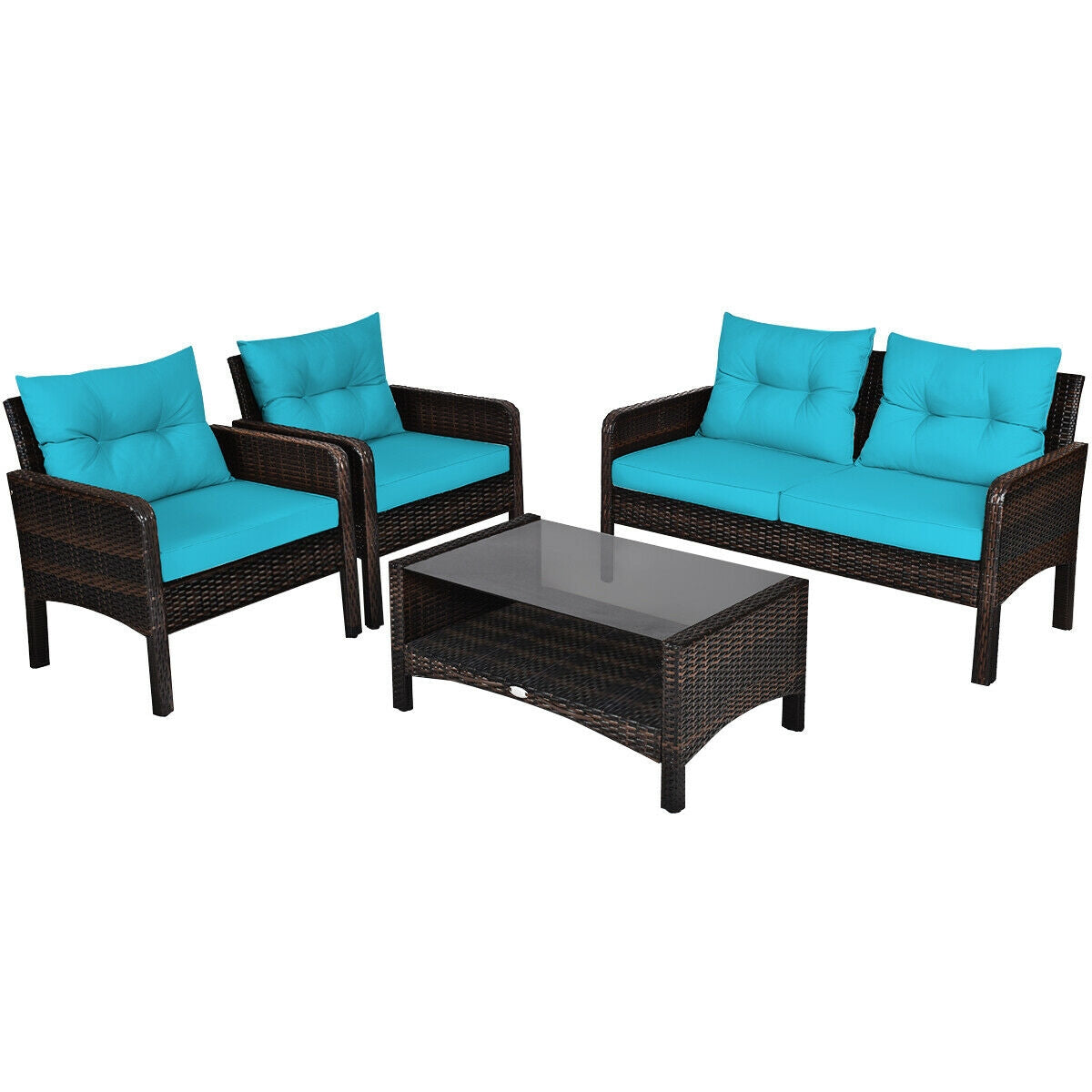 4 Pieces Outdoor Rattan Wicker Loveseat Furniture Set with Cushions-Red
