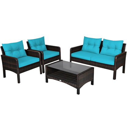 4 Pieces Outdoor Rattan Wicker Loveseat Furniture Set with Cushions-Red