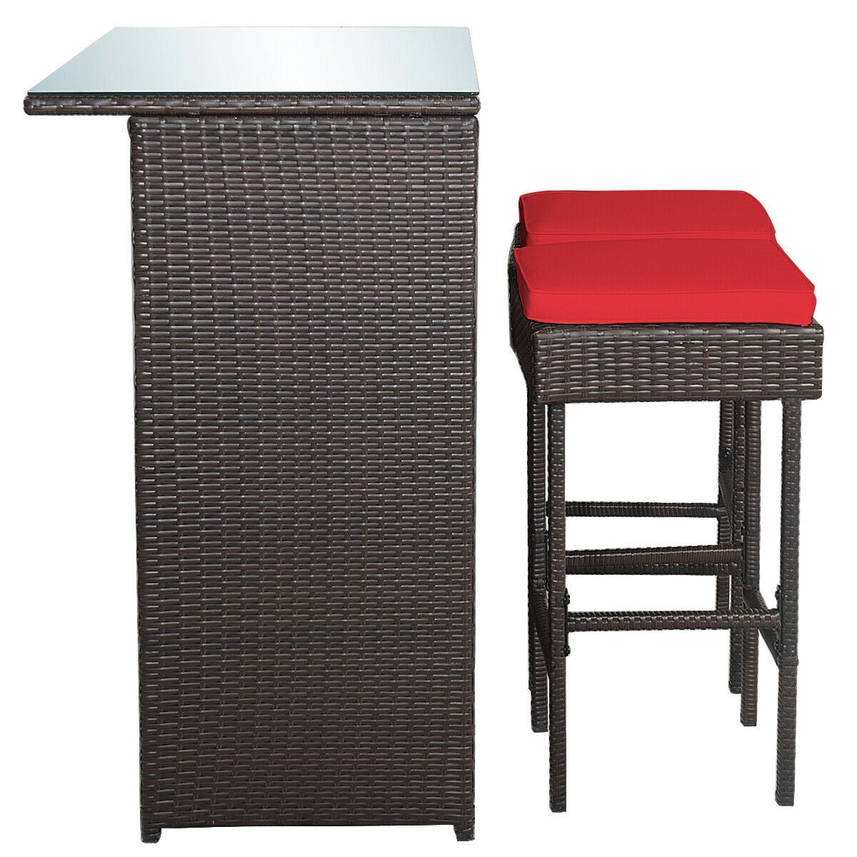 Juego de comedor de 3 piezas para patio de mimbre con mesa alta y taburetes - Rojo