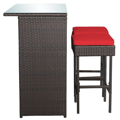 Juego de comedor de 3 piezas para patio de mimbre con mesa alta y taburetes - Rojo