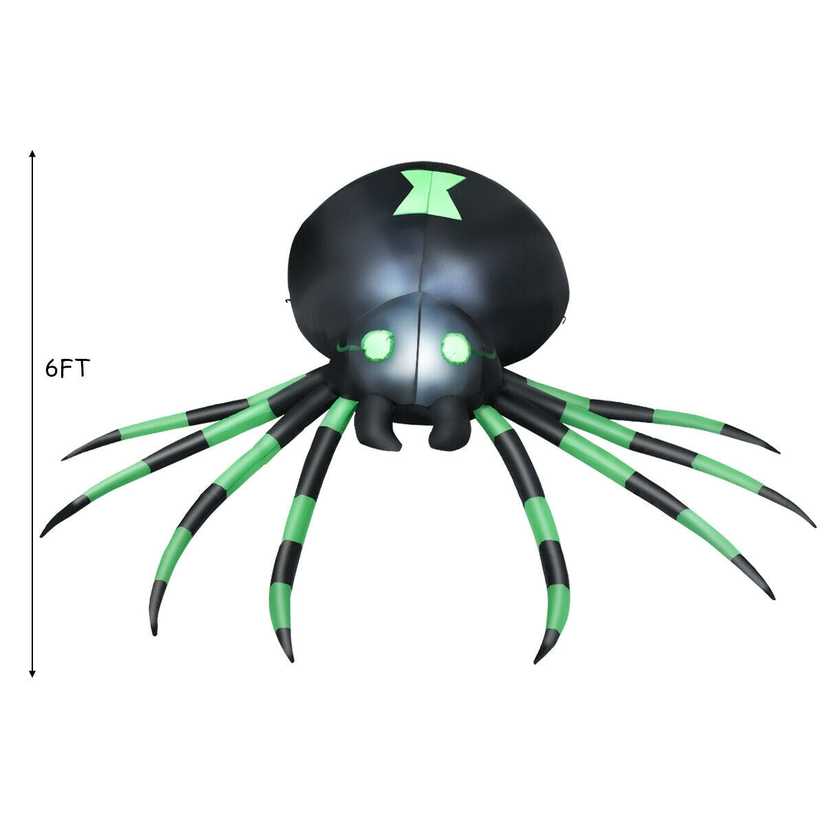 6 Feet Halloween Inflatable Spider DirectDeals, black body with lime-green legs and glowing eyes on Tampa Home & Garden Store