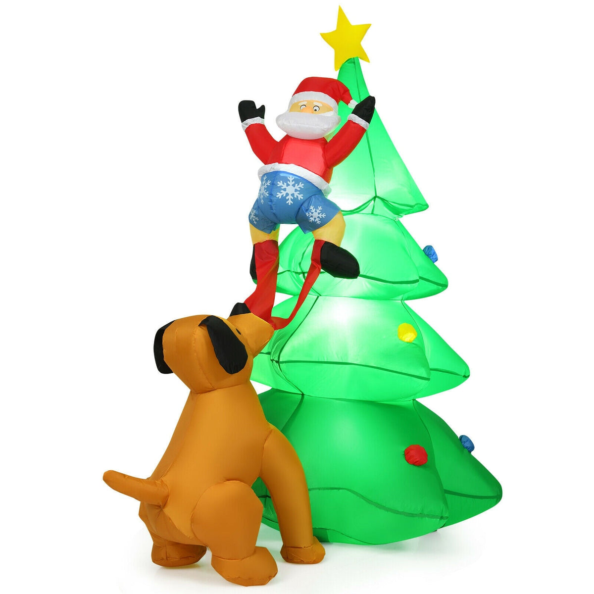 6.5 ft inflatable Santa climbs a glowing green LED Christmas tree with orange dog inflatable on Tampa Home & Garden Store