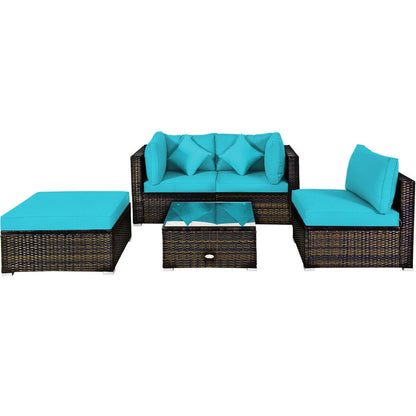 5 Pcs Outdoor Patio Rattan Furniture Set Sectional Conversation with Navy Cushions-Red