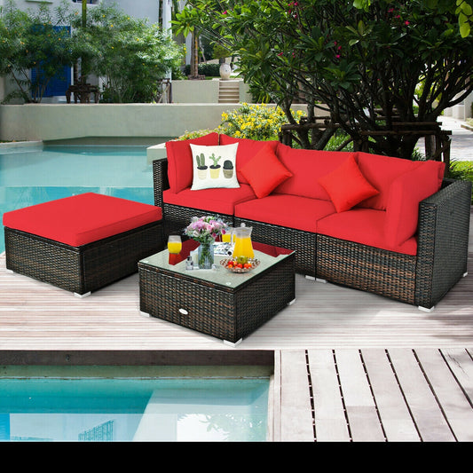 5 Pcs Outdoor Patio Rattan Furniture Set Sectional Conversation with Navy Cushions-Red - Tampa Home & Garden Store