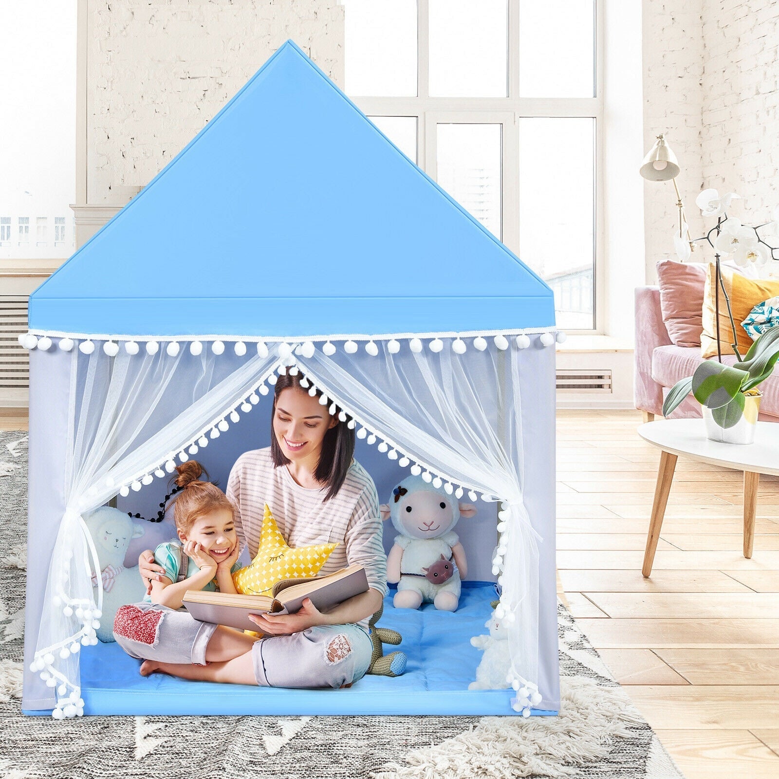 GemGear blue kids play tent large castle-style playhouse with sheer drapes and pom pom trim mat on Tampa Home & Garden Store