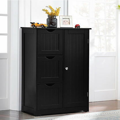 Armario de suelo para baño, armario de almacenamiento lateral con 3 cajones y 1 compartimento - Negro