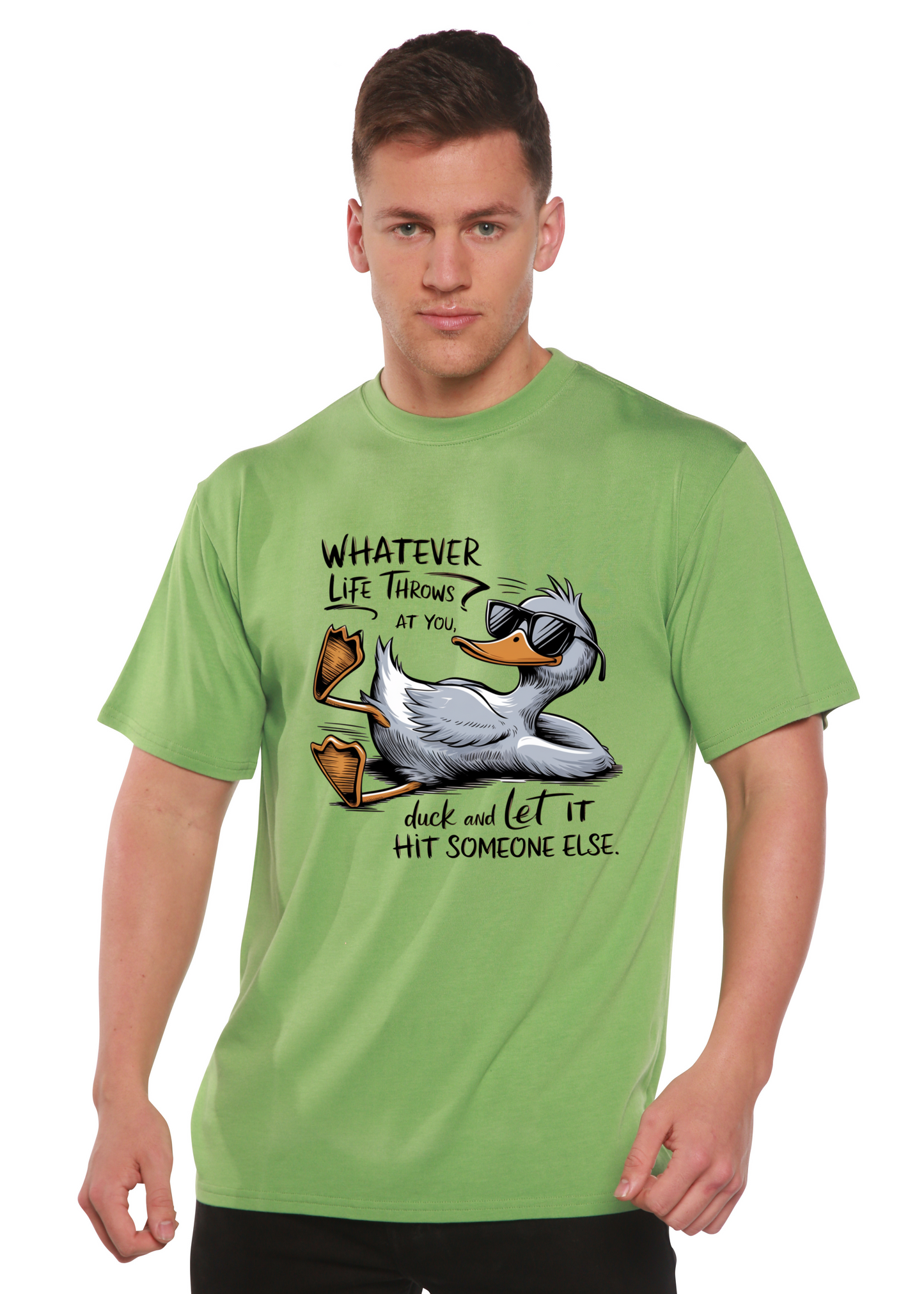 Unisex bamboo/cotton T-shirt in lime green with a duck graphic and sunglasses on Tampa Home & Garden Store