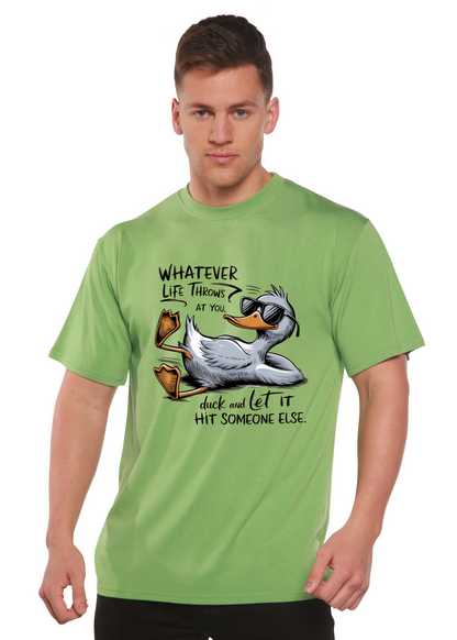 Unisex bamboo/cotton T-shirt in lime green with a duck graphic and sunglasses on Tampa Home & Garden Store