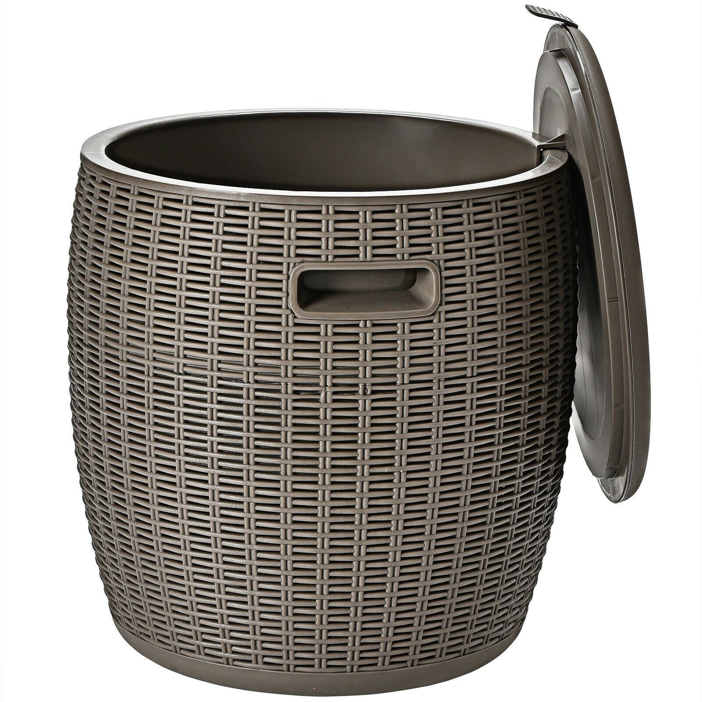 GemGear 9.5 gal 4-in-1 patio rattan cooler table, brown wicker, lid open showing interior on Tampa Home & Garden Store