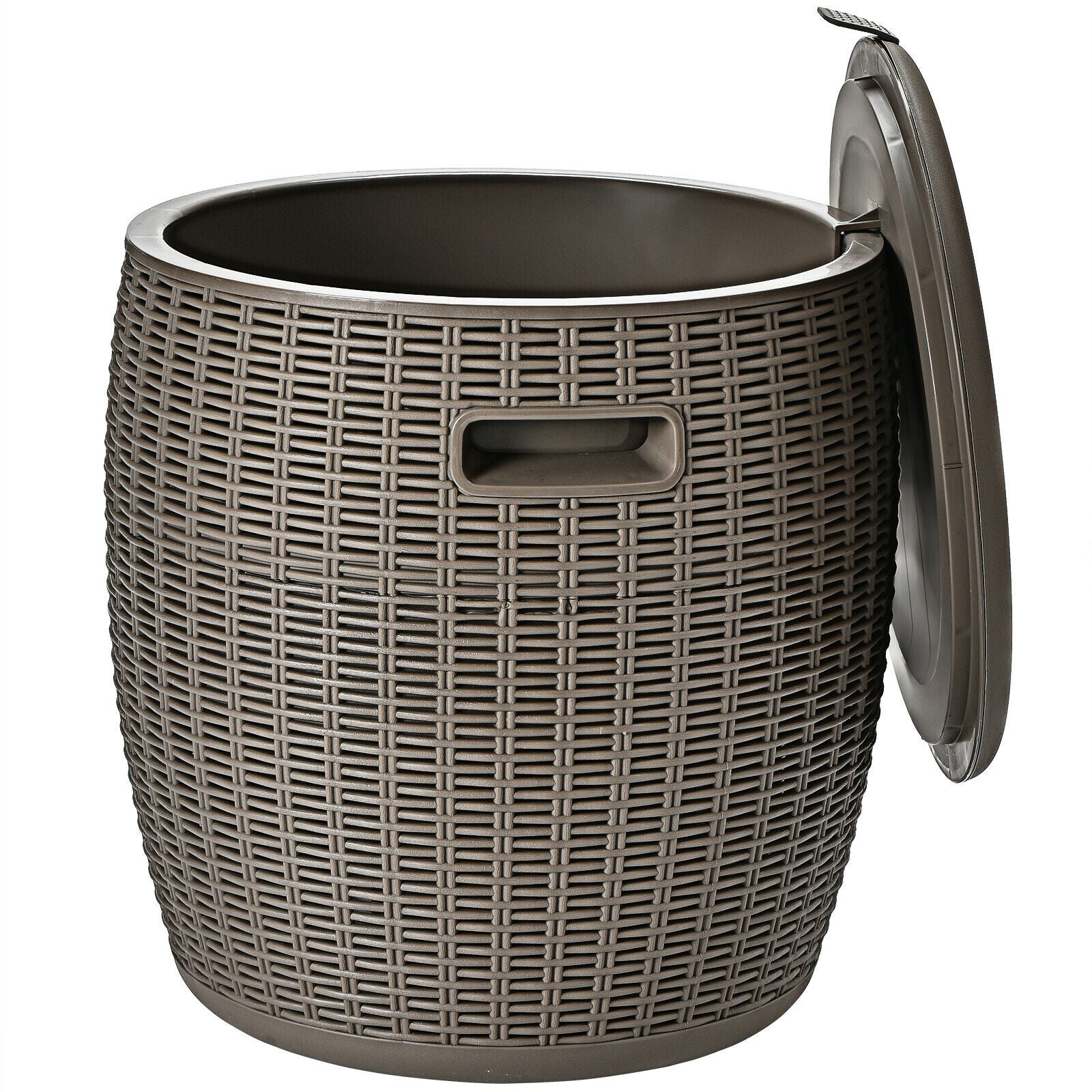 GemGear 9.5 gal 4-in-1 patio rattan cooler table, brown wicker, lid open showing interior on Tampa Home & Garden Store