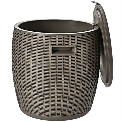 GemGear 9.5 gal 4-in-1 patio rattan cooler table, brown wicker, lid open showing interior on Tampa Home & Garden Store