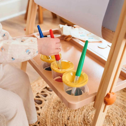 Tiny Land Caramel Magnitales Kids Easel with 3 paint cups on a natural wood frame on Tampa Home & Garden Store