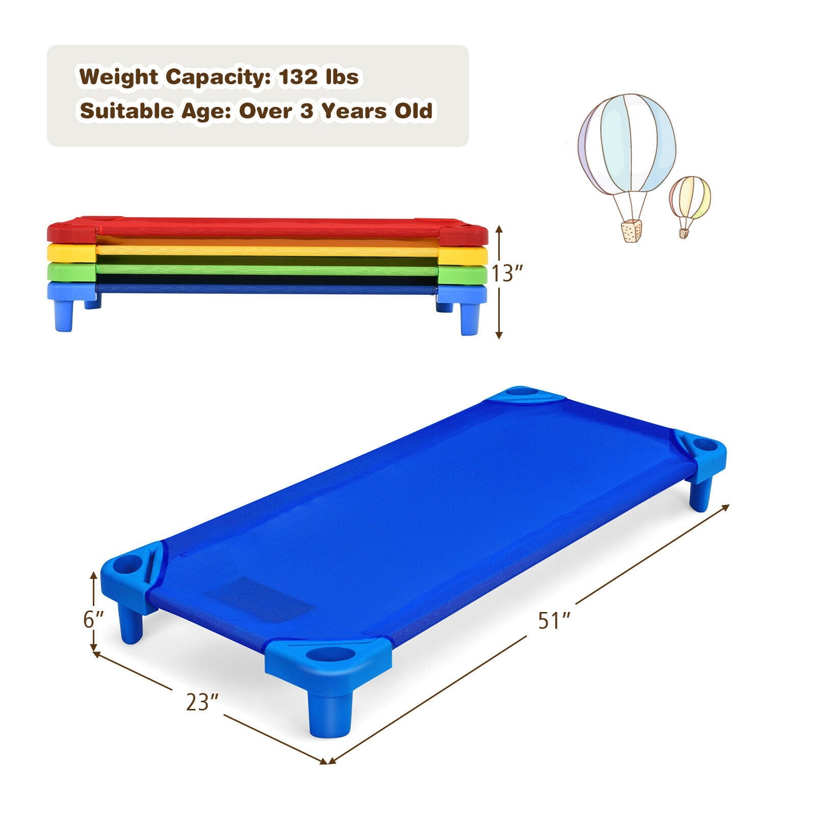 Pack of 4 GemGear colorful kids stackable naptime cots with red top and blue base on Tampa Home & Garden Store