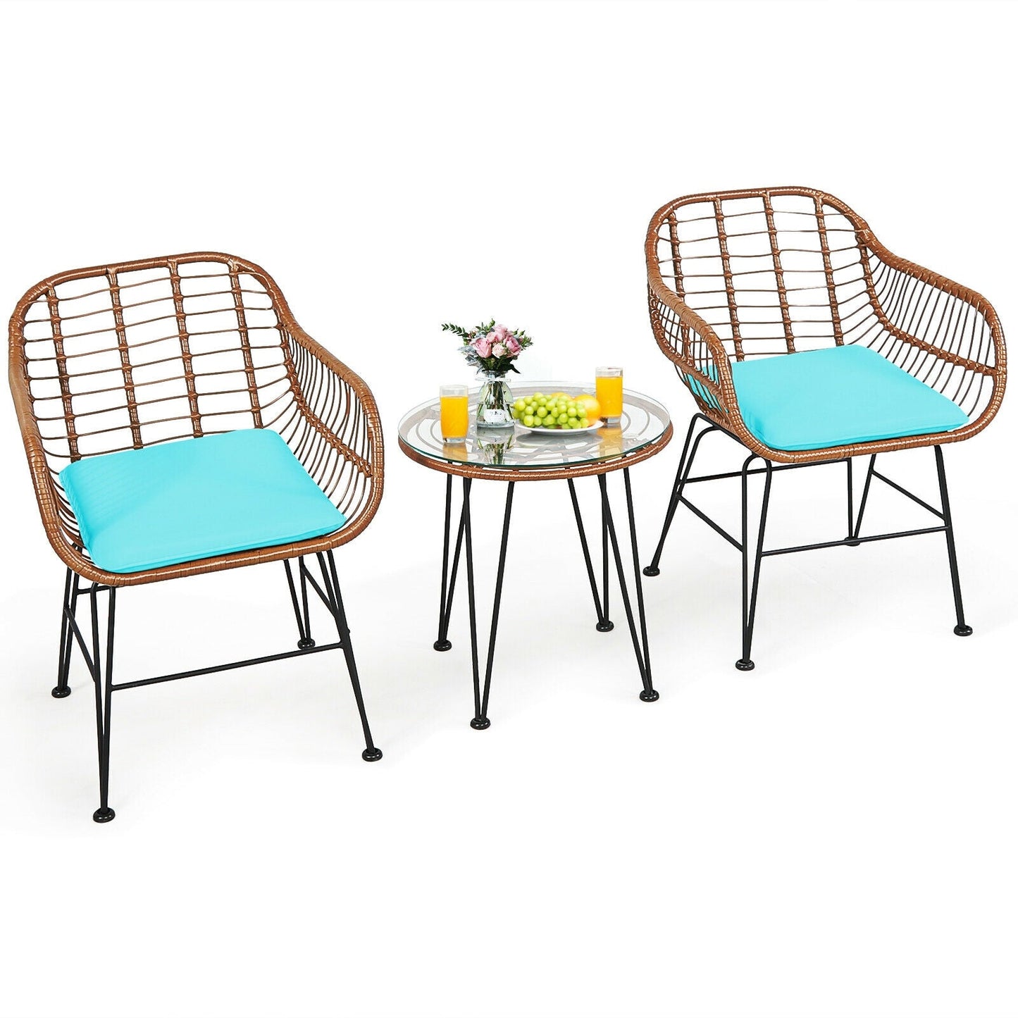 3-Piece Rattan Bistro Set with Glass Table turquoise cushions DirectDeals on Tampa Home & Garden Store