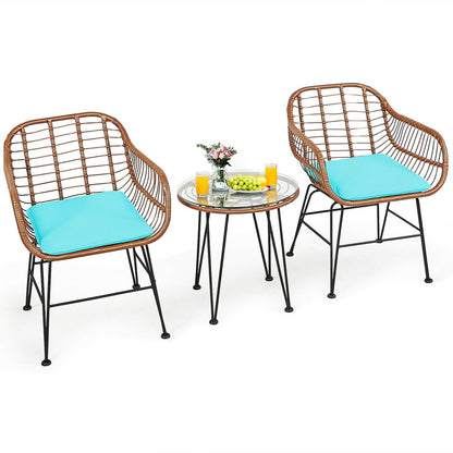 3-Piece Rattan Bistro Set with Glass Table turquoise cushions DirectDeals on Tampa Home & Garden Store