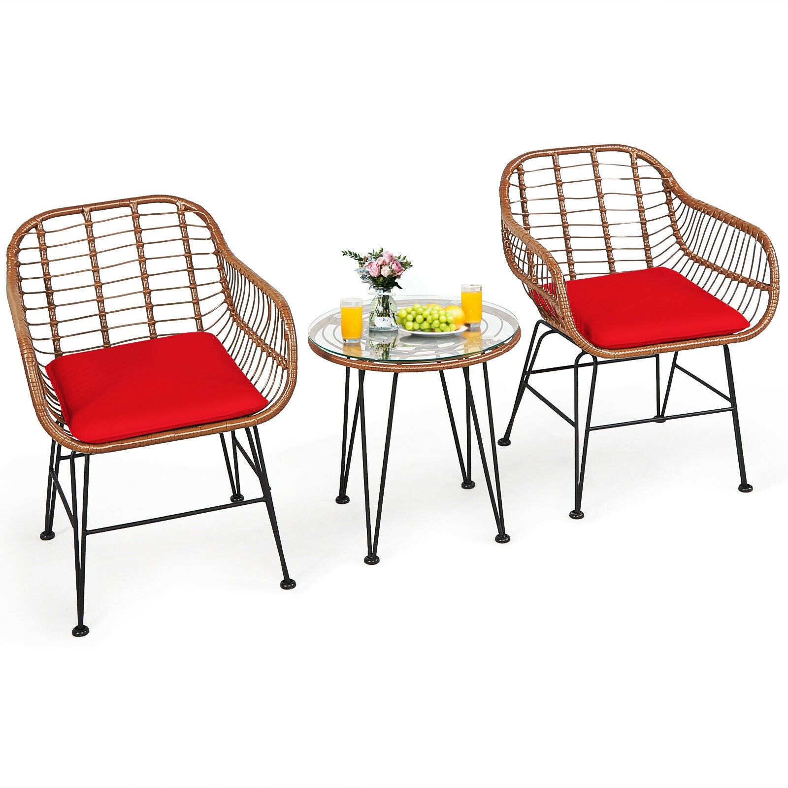 3-Piece Rattan Bistro Set with Cushions and Glass Table by DirectDeals, two brown rattan chairs with red cushions and a glass round table on Tampa Home & Garden Store