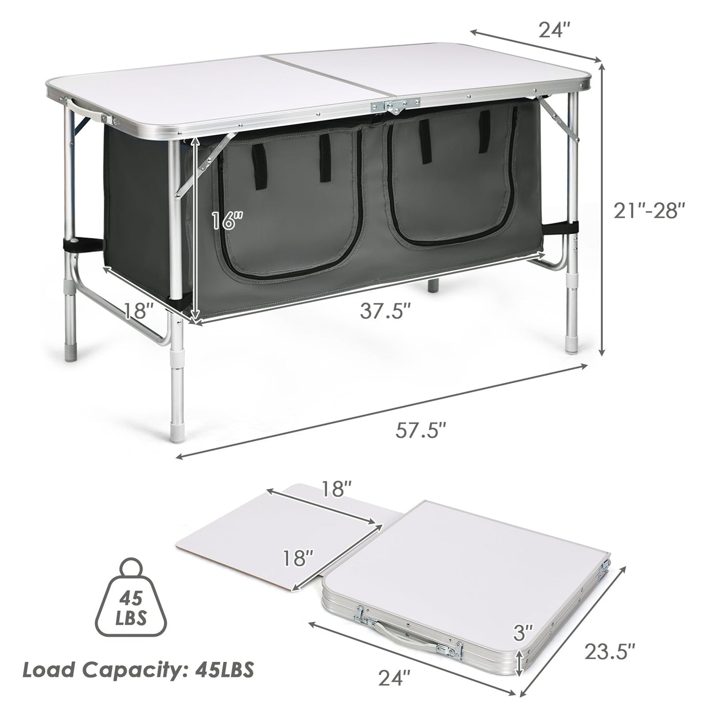 Mesa de camping plegable de altura regulable - Gris