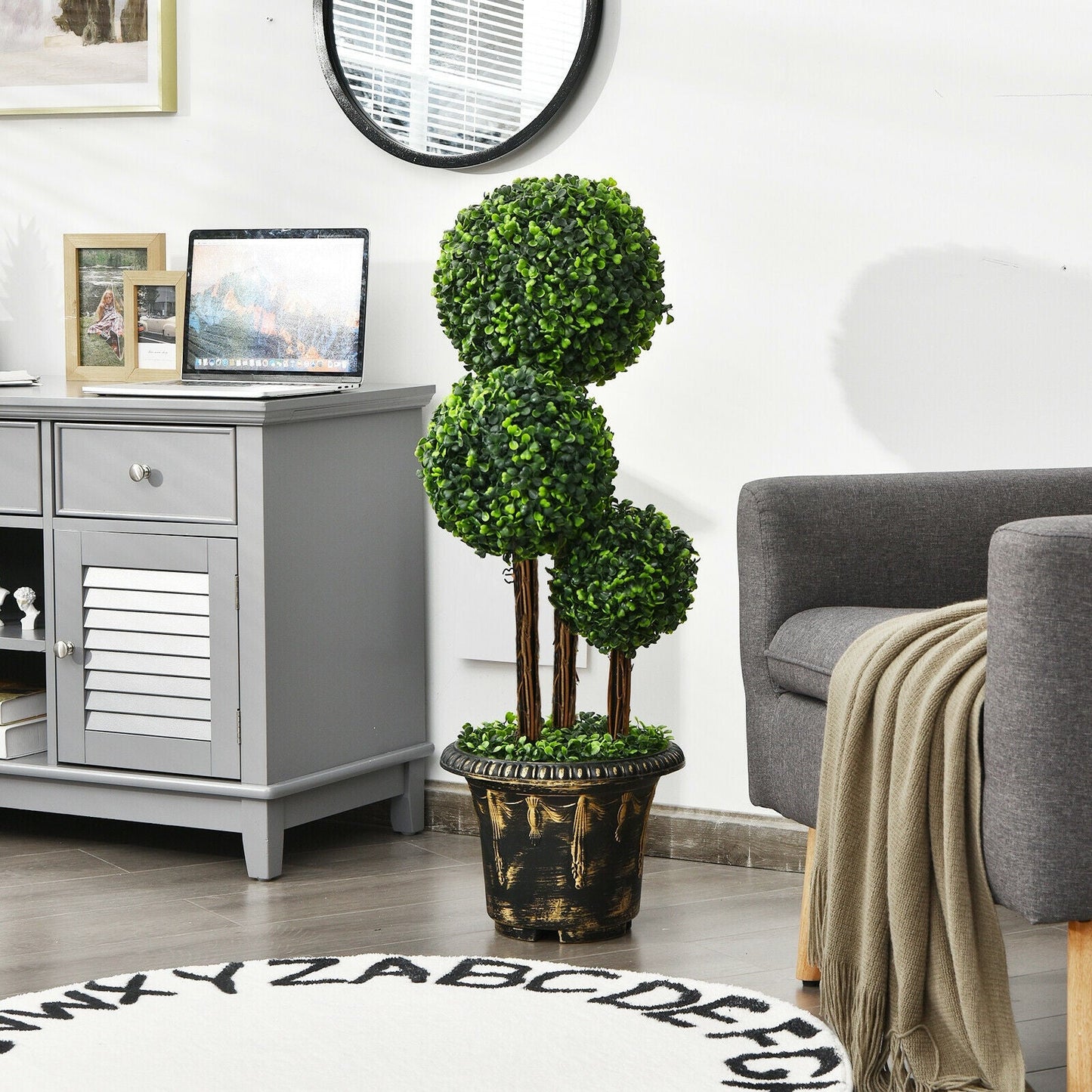 Árbol artificial de boj de triple bola de 36 pulgadas para interiores y exteriores