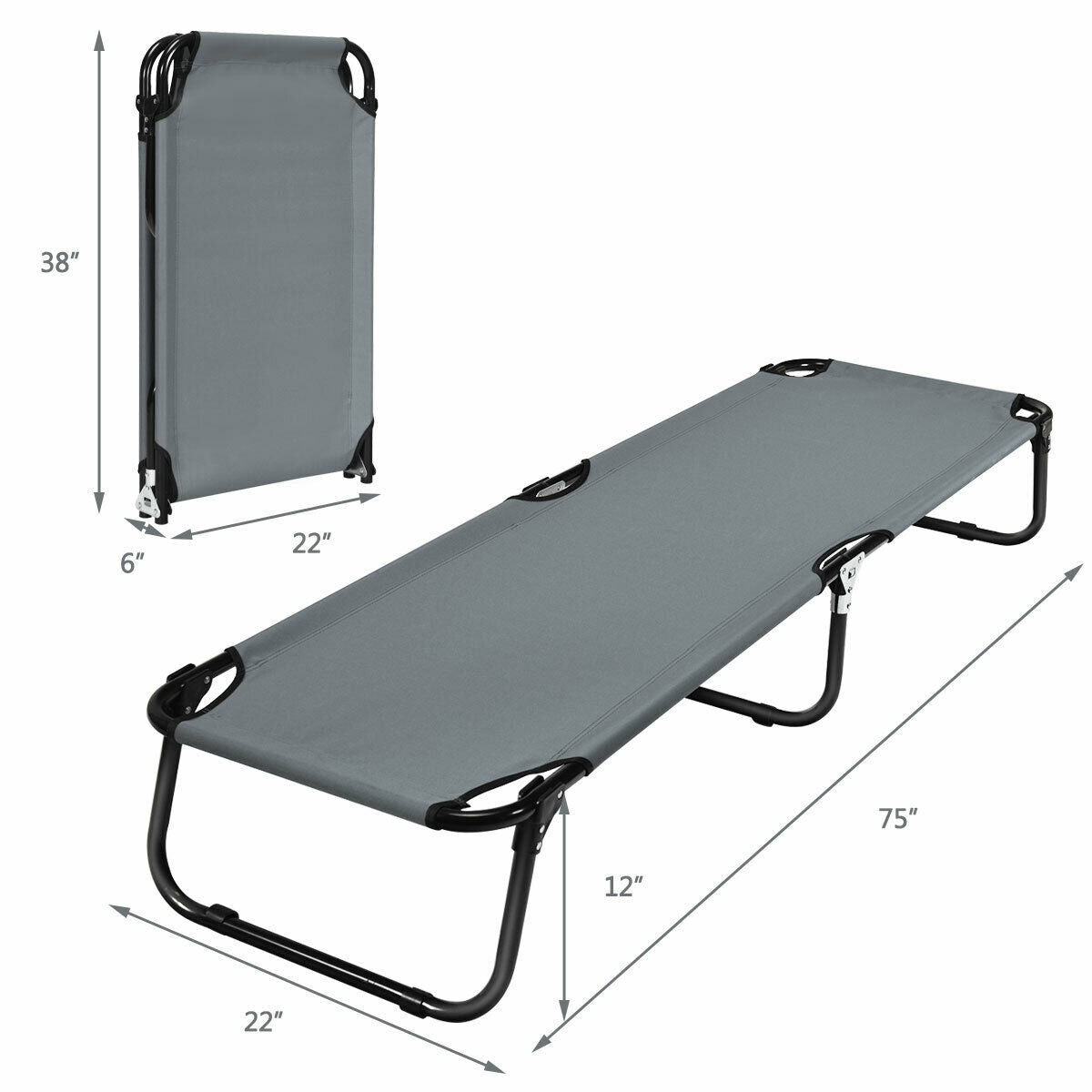 GemGear outdoor folding camping cot in gray fabric with black frame opens to 75in long by 22in wide on Tampa Home & Garden Store