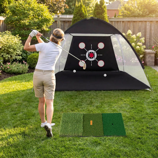 Golf Practice Net 10.3x6.5ft with Foldable Tri-Turf Mat, black target panel, DirectDeals on Tampa Home & Garden Store