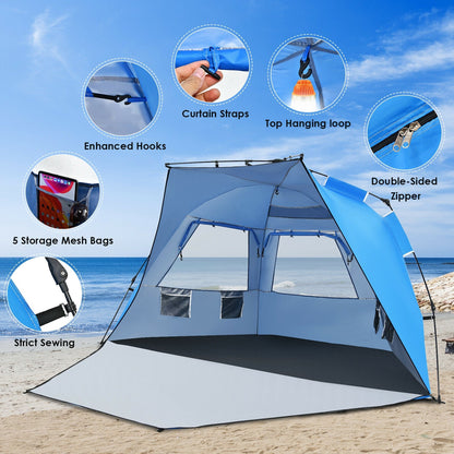 3-4 Person Pop Up Beach Tent GemGear UPF 50+ blue sun shelter with storage pockets on Tampa Home & Garden Store