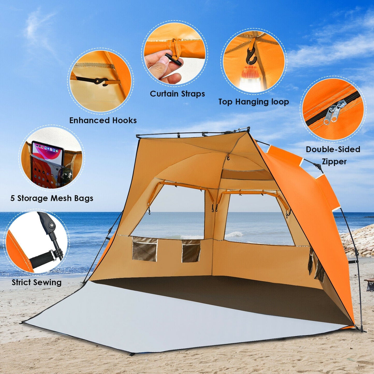 GemGear 3-4 Person Pop-Up Beach Tent orange UPF 50+ sun shelter on Tampa Home & Garden Store