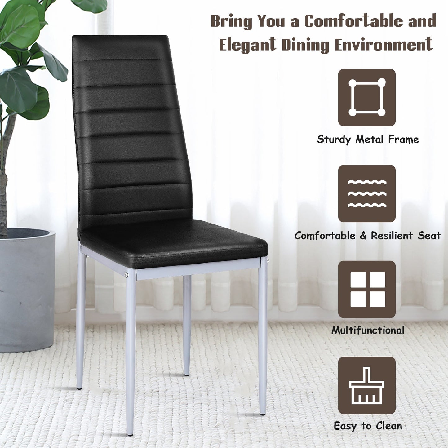 4 sillas laterales de comedor de cuero PVC de diseño elegante -Negro