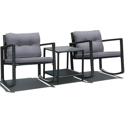 3 Pcs Wicker Rocking Bistro Set with Glass Coffee Table and Storage Shelf-Beige