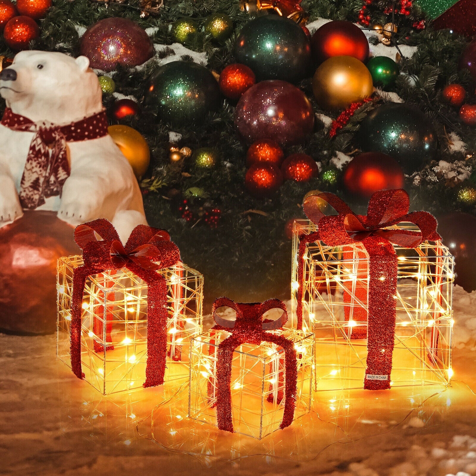 3-piece lighted gift box decor set: crystal wireframe boxes with red ribbons and 60 LEDs on Tampa Home & Garden Store