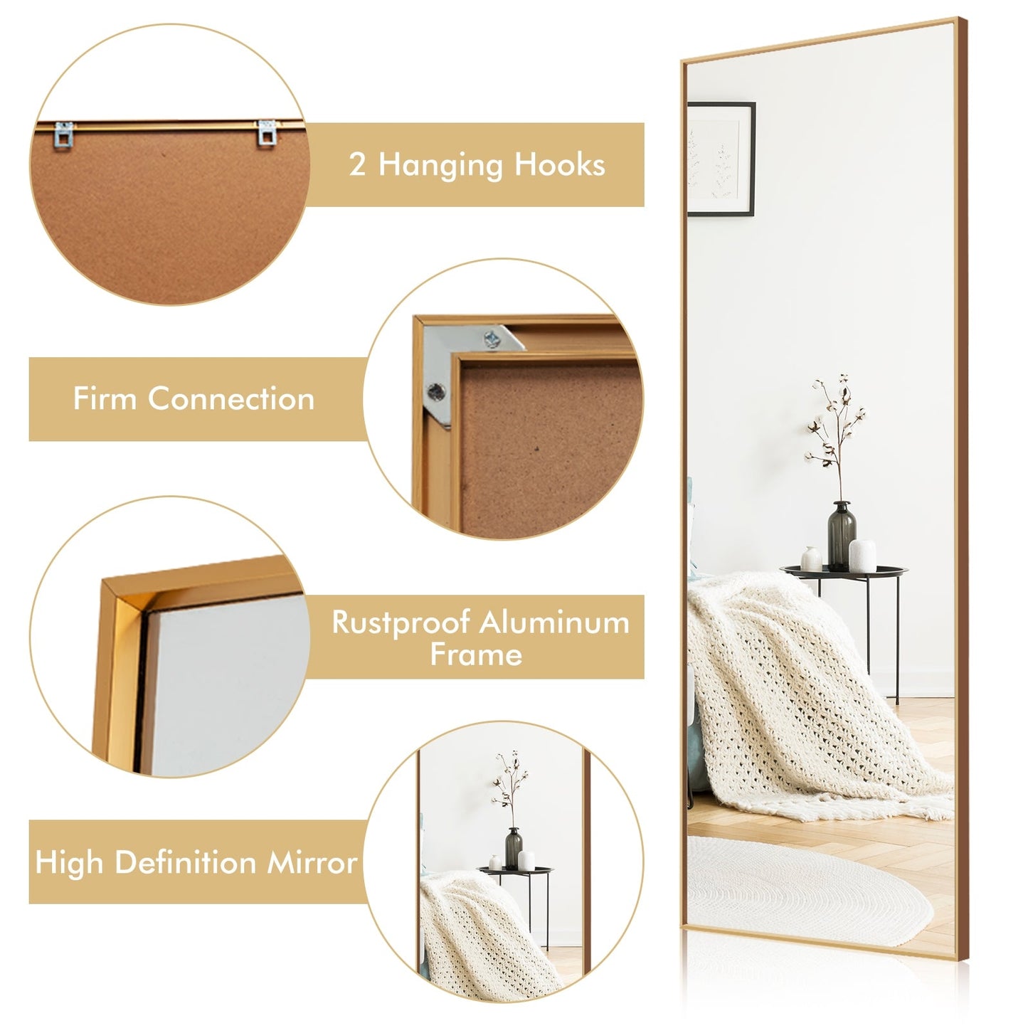 Espejo de cuerpo entero de 59 pulgadas, espejo de dormitorio rectangular grande, dorado