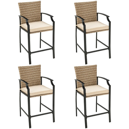 Juego de mesa de bar y taburetes de ratán para exteriores de 5 piezas con cojines