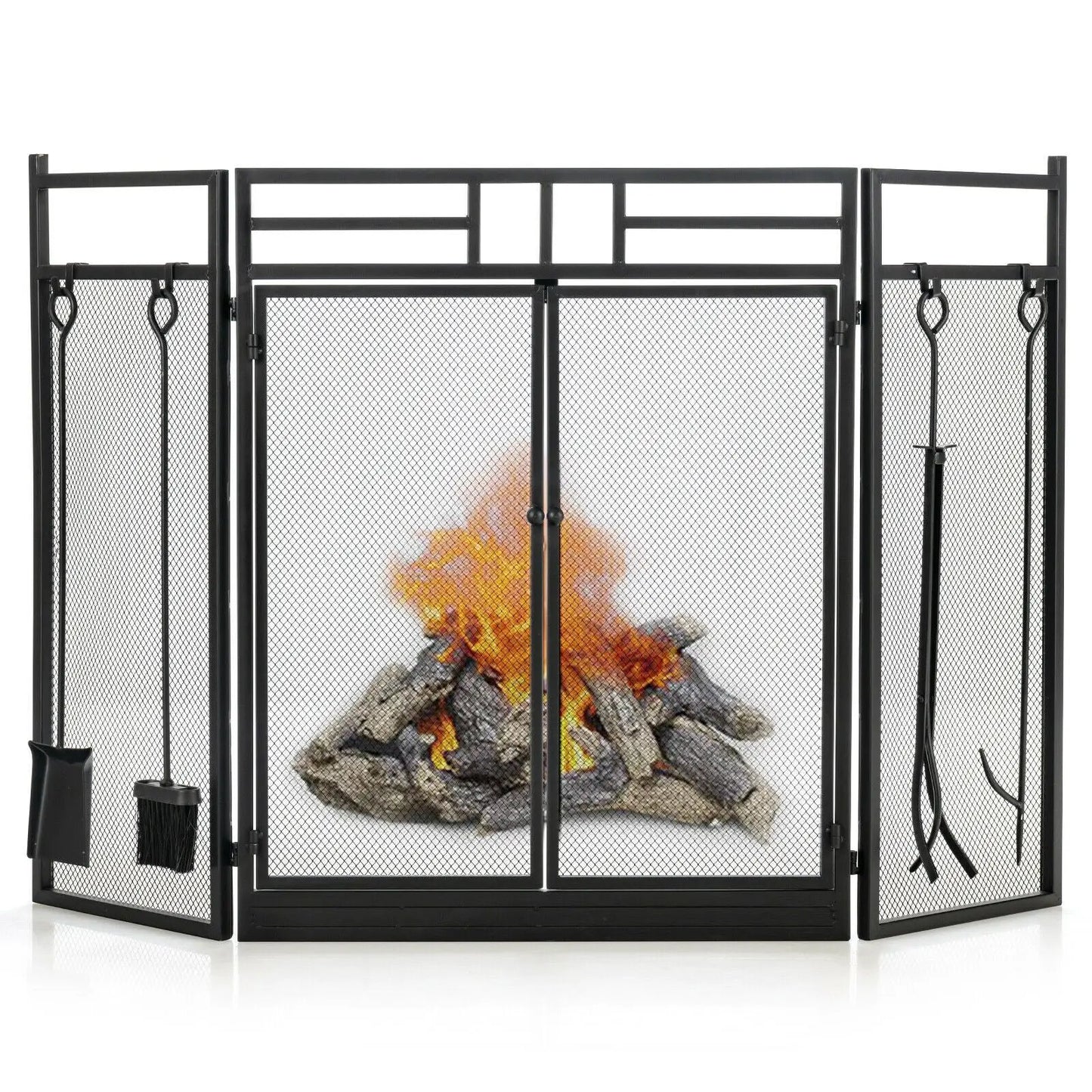 Three Panel Folding Wrought Iron Fireplace Screen