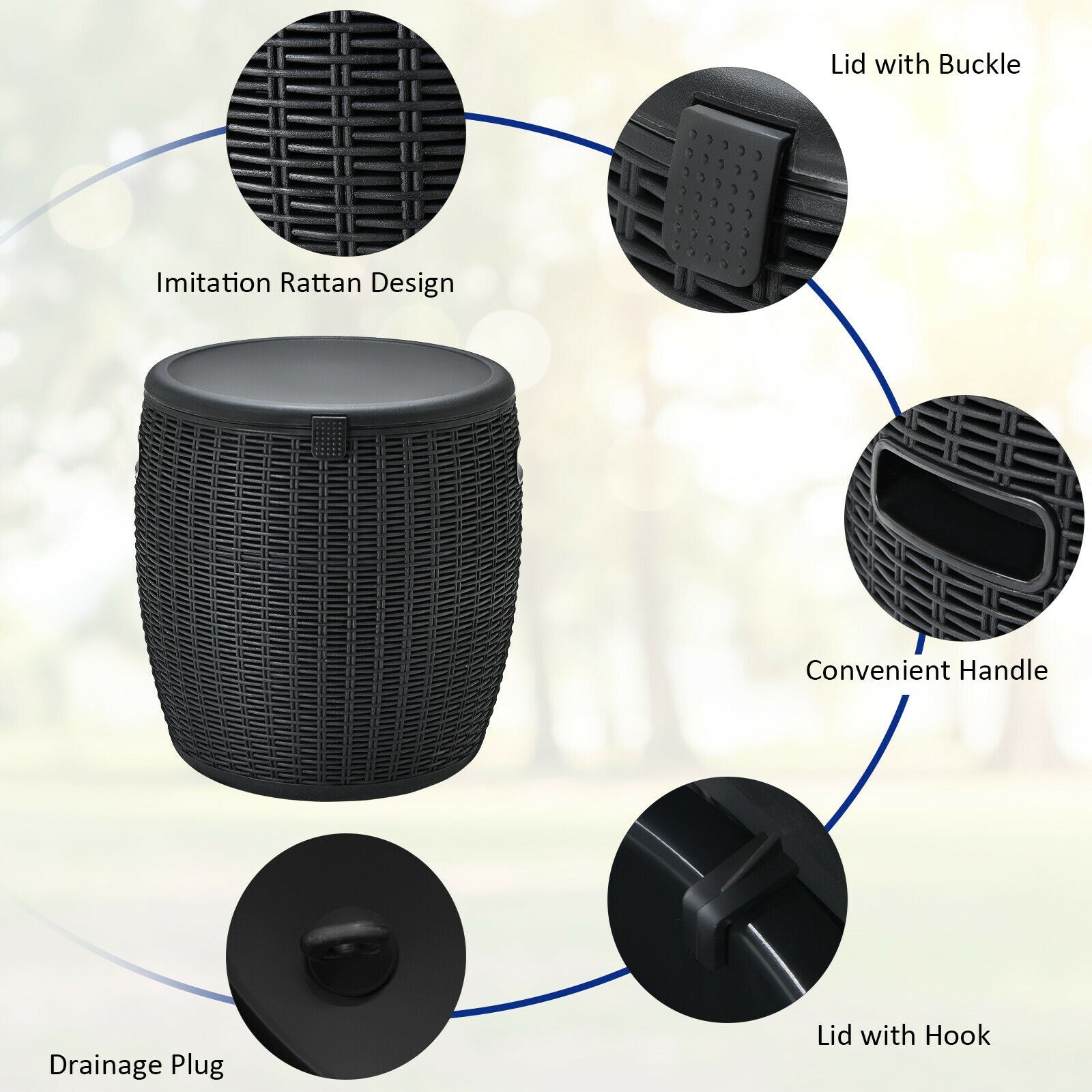 GemGear 9.5 Gal 4-in-1 patio rattan cooler table, black wicker with lid and drain plug on Tampa Home & Garden Store