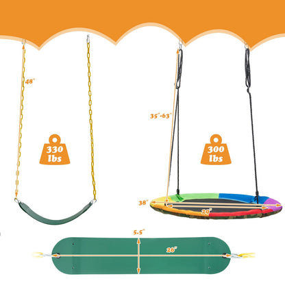 2-pack DirectDeals swing seats: crescent green curved seat and colorful saucer swing with ropes on Tampa Home & Garden Store