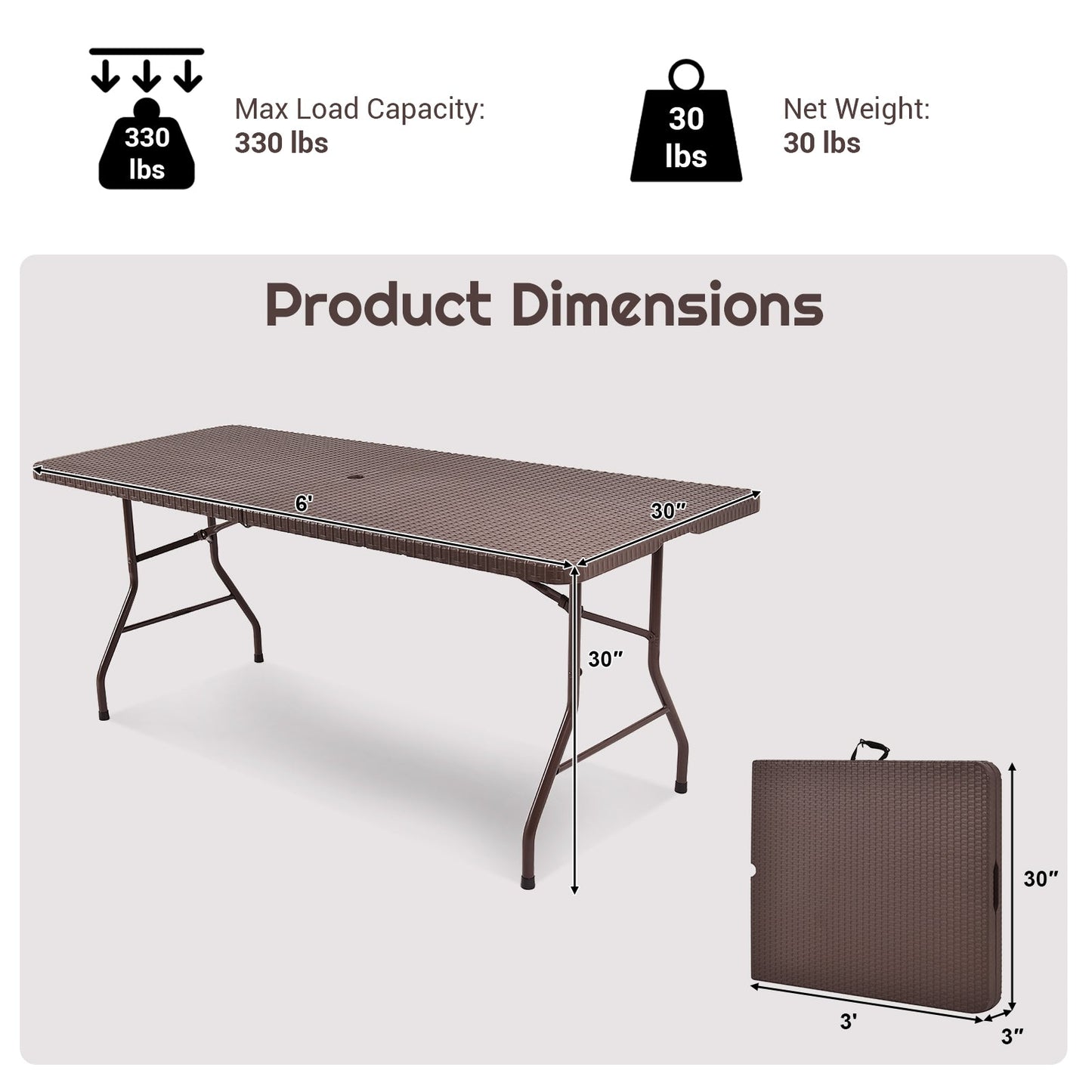 Mesa Plegable Portátil de Ratán de 6 Pies con Asa de Transporte