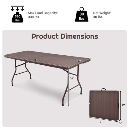 Mesa Plegable Portátil de Ratán de 6 Pies con Asa de Transporte
