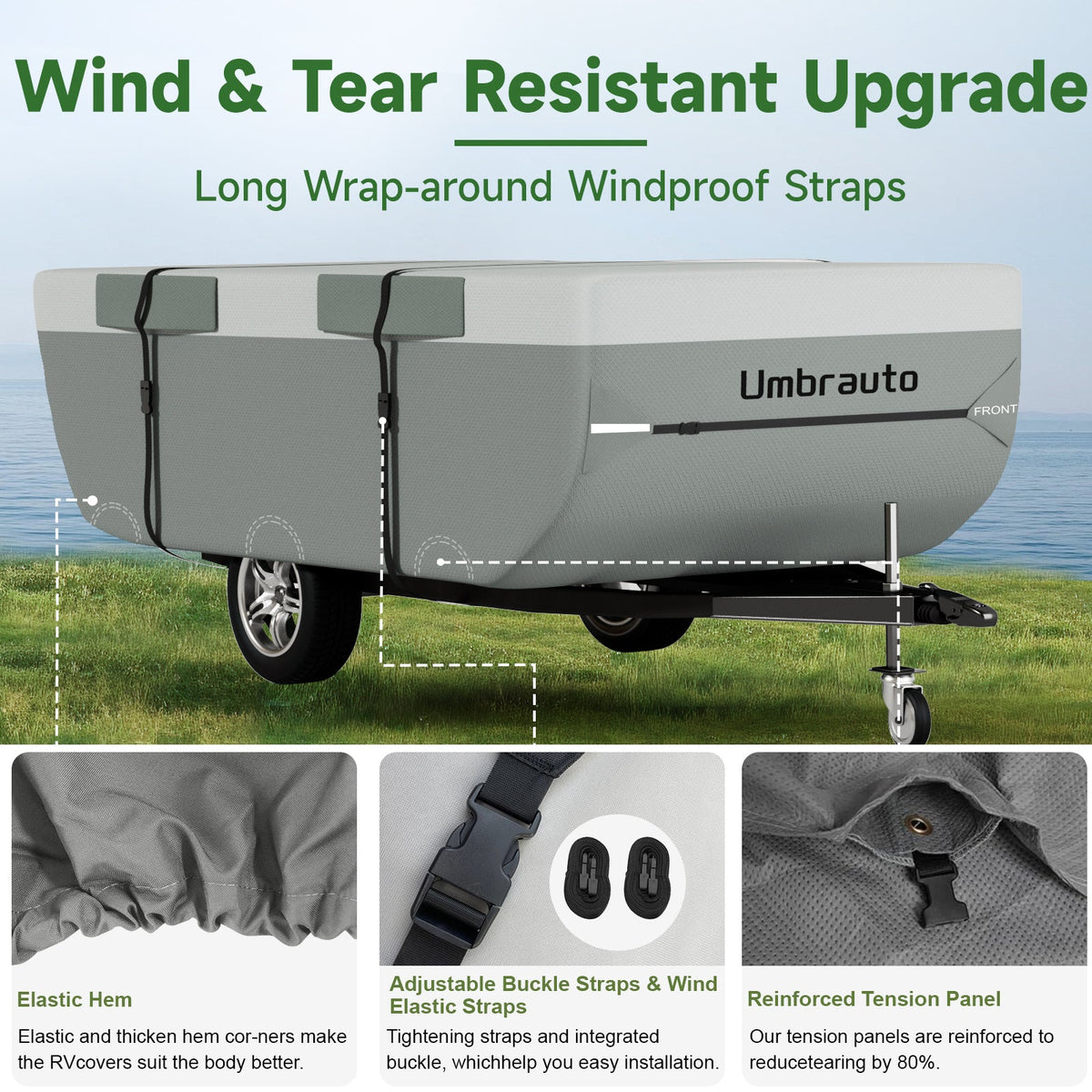 Umbrauto grey popup camper cover with windproof straps on a trailer on Tampa Home & Garden Store