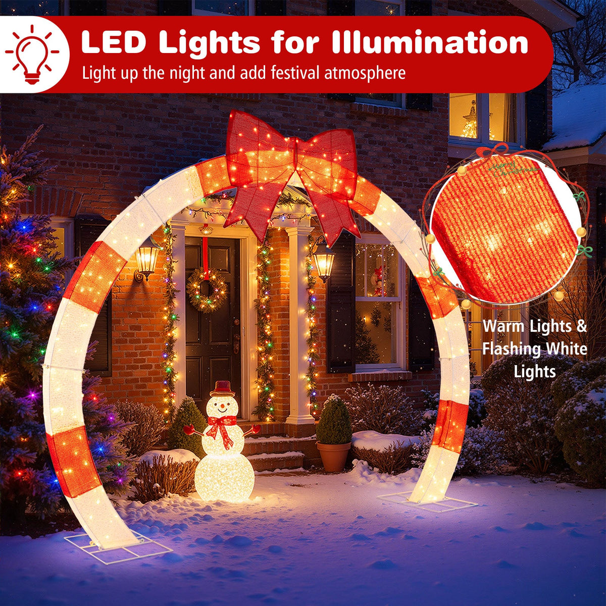 10.4 ft Christmas archway with large red bow, red-striped frame, and LED lights DirectDeals on Tampa Home & Garden Store