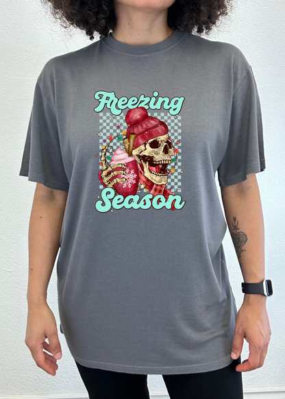 Spun Bamboo unisex tee charcoal gray with skull in pink beanie Freezing Season text on Tampa Home & Garden Store