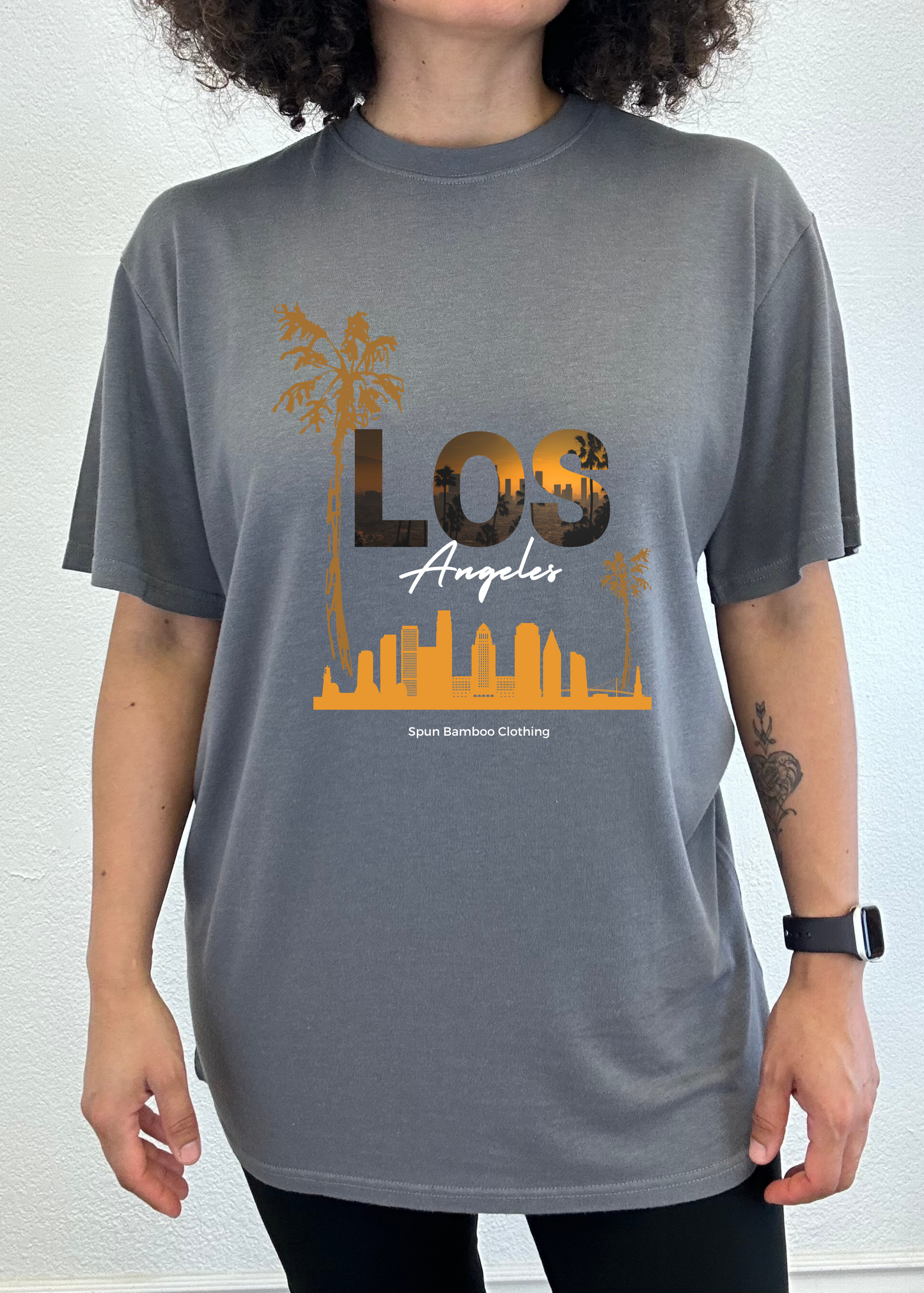 Los Angeles unisex bamboo viscose/organic cotton graphic tee gray with sunset skyline and palms Spun Bamboo Clothing on Tampa Home & Garden Store