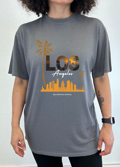 Los Angeles unisex bamboo viscose/organic cotton graphic tee gray with sunset skyline and palms Spun Bamboo Clothing on Tampa Home & Garden Store