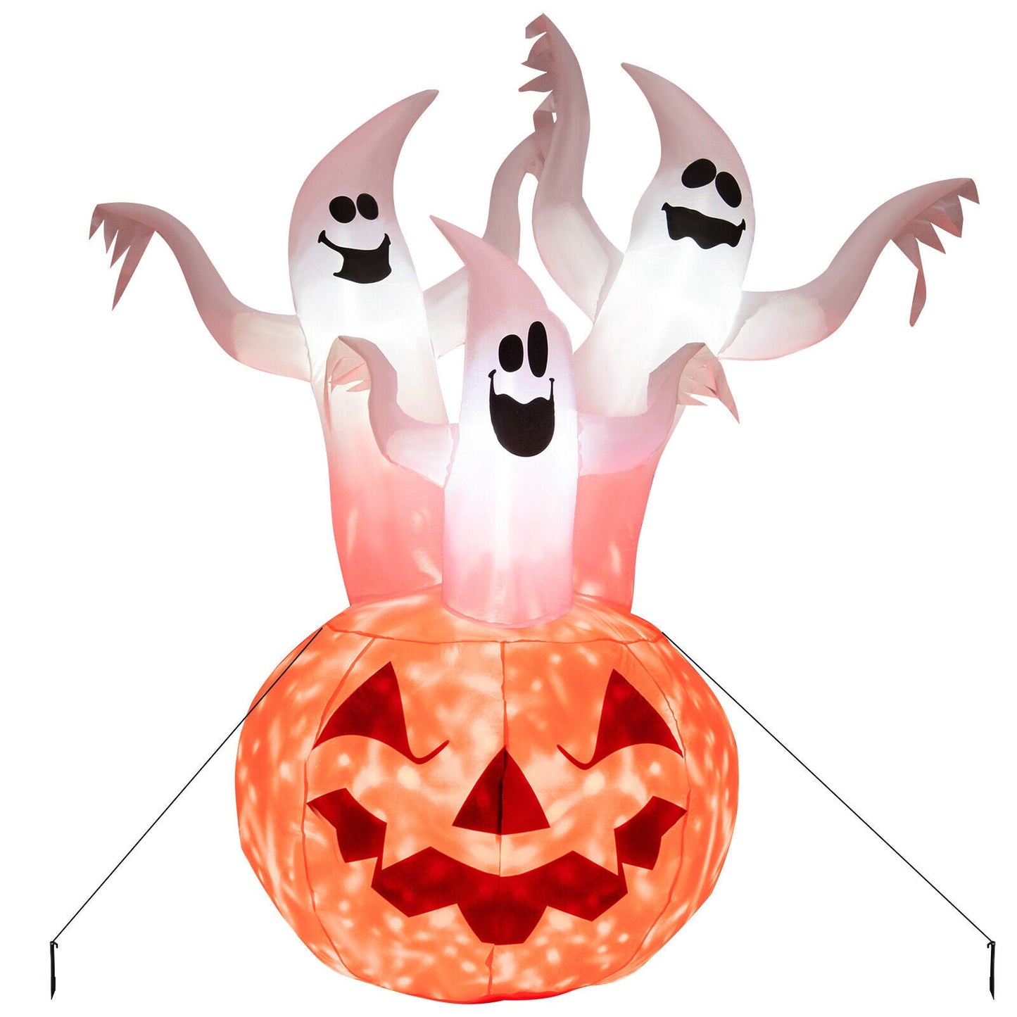 6 ft inflatable ghosts with pumpkin decor and rotating lamp, 3 atop a jack-o'-lantern on Tampa Home & Garden Store