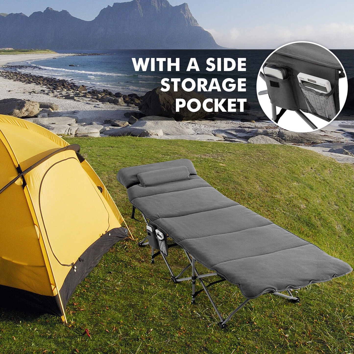 Folding Retractable Travel Camping Cot with Mattress and Carry Bag-Blue