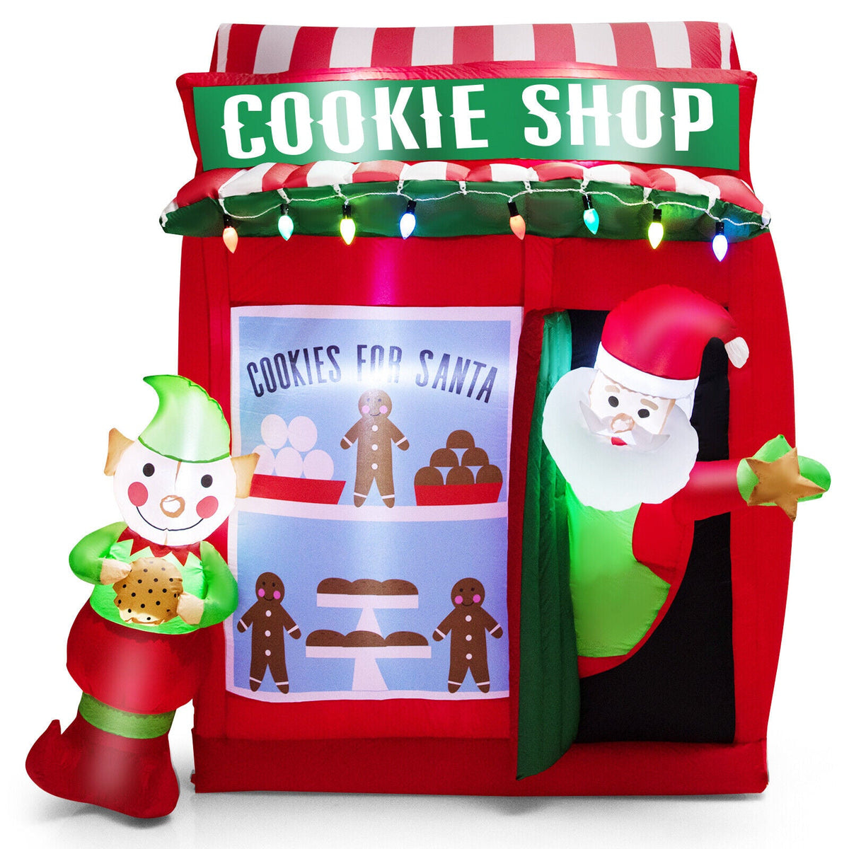 6.3 ft Inflatable Gingerbread Cookie Shop with Santa Claus by DirectDeals, red-green holiday lights on Tampa Home & Garden Store