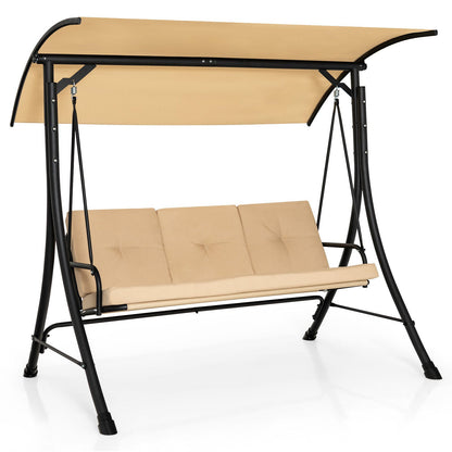 3-Seat Outdoor Porch Swing with Adjustable Canopy and Padded Cushions-Brown