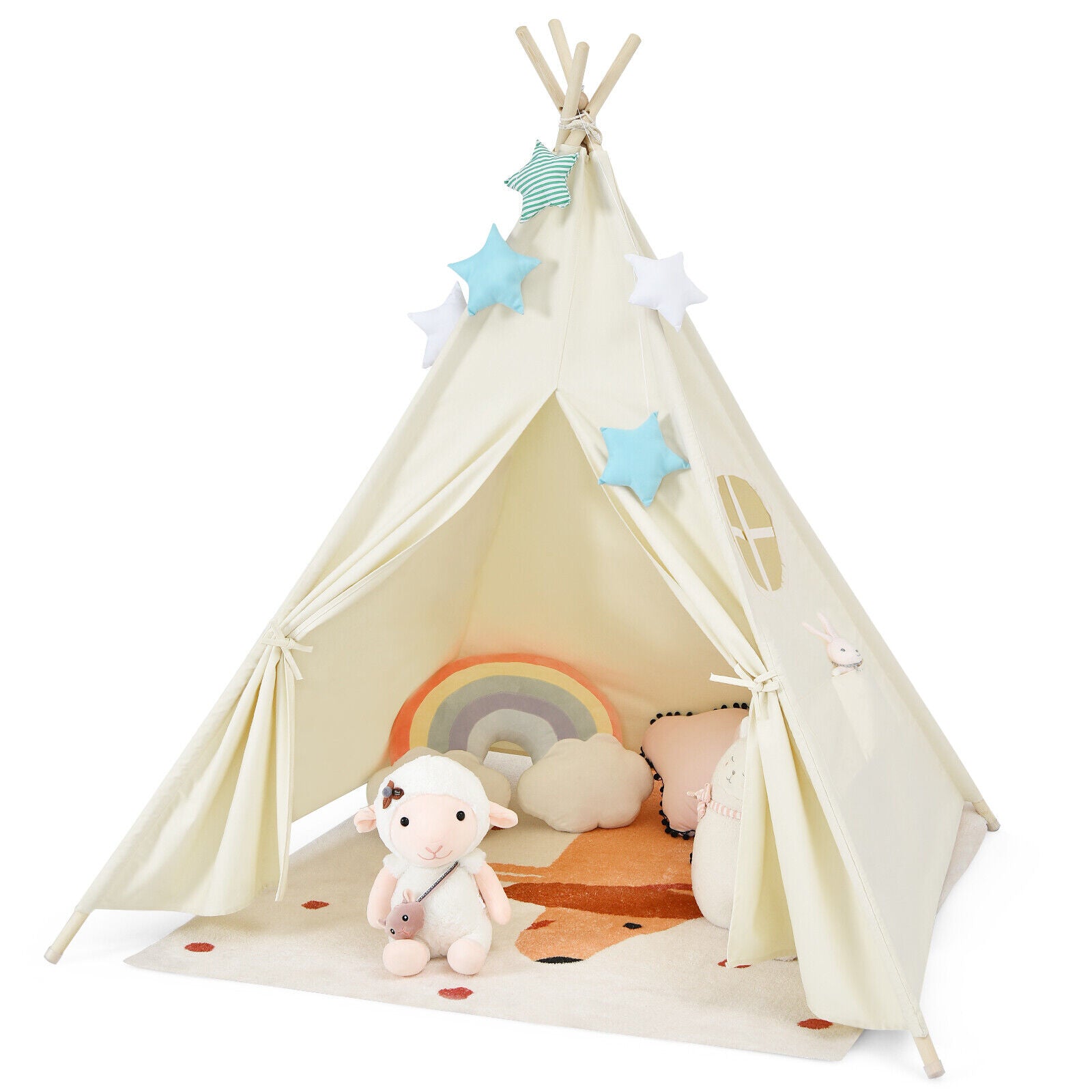 Foldable Kids Canvas Teepee Play Tent by GemGear in cream with wooden poles and star decor on Tampa Home & Garden Store