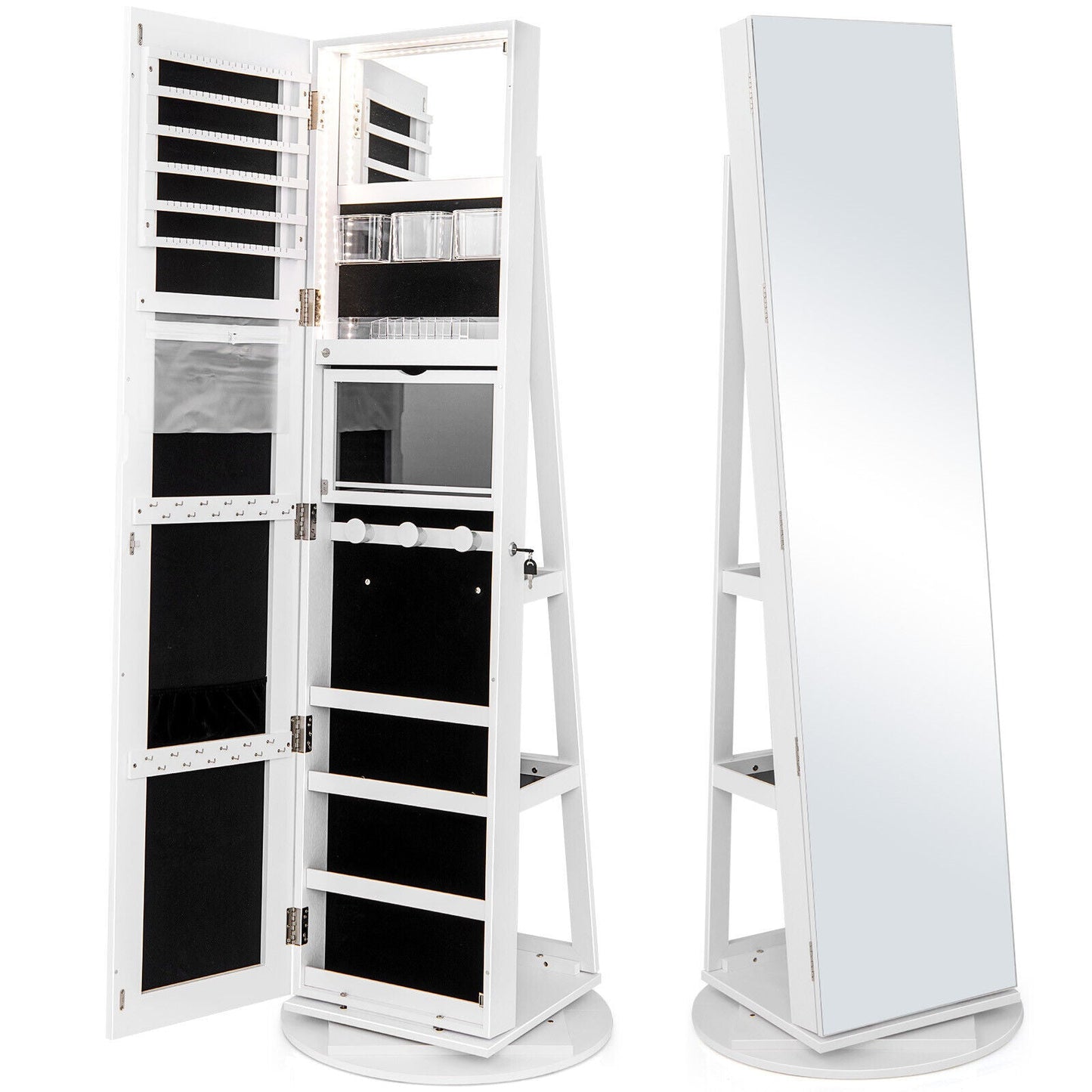 360° Rotating Mirrored Jewelry Cabinet Armoire 3 Color LED Modes Lockable-Dark Brown